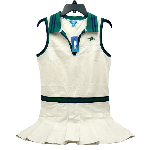 PRINCE Pickleball Sleeveless Pleated Dress Off White with Green Trim M - NWT - Picture 2 of 5